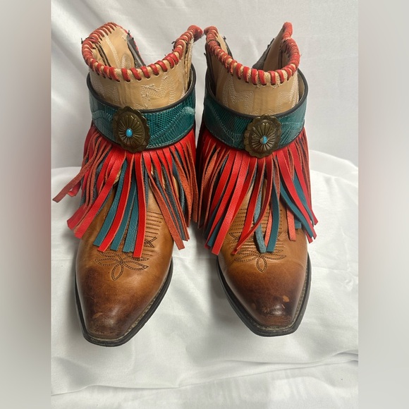 Fringed Leather Ankle Boots - Brown and Red - Picture 7 of 8